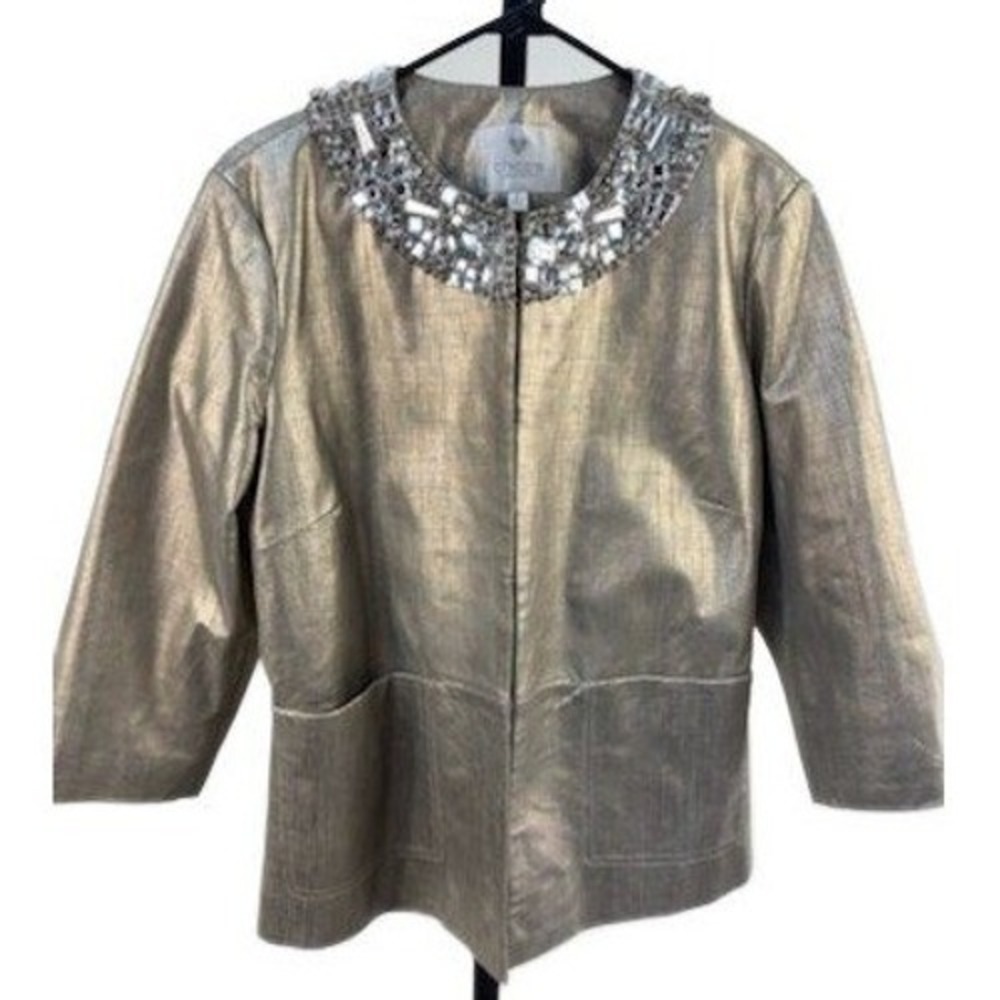 Chico's Women's US Size 12 Large Gold Metallic Leather Crystal Jacket Blazer